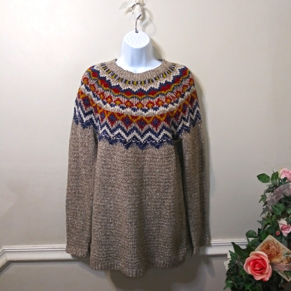 J. Jill Perfect Pumpkin Patch Taupe Blue Burgundy & Gold Fair Isle Tunic Sweater - Picture 3 of 11